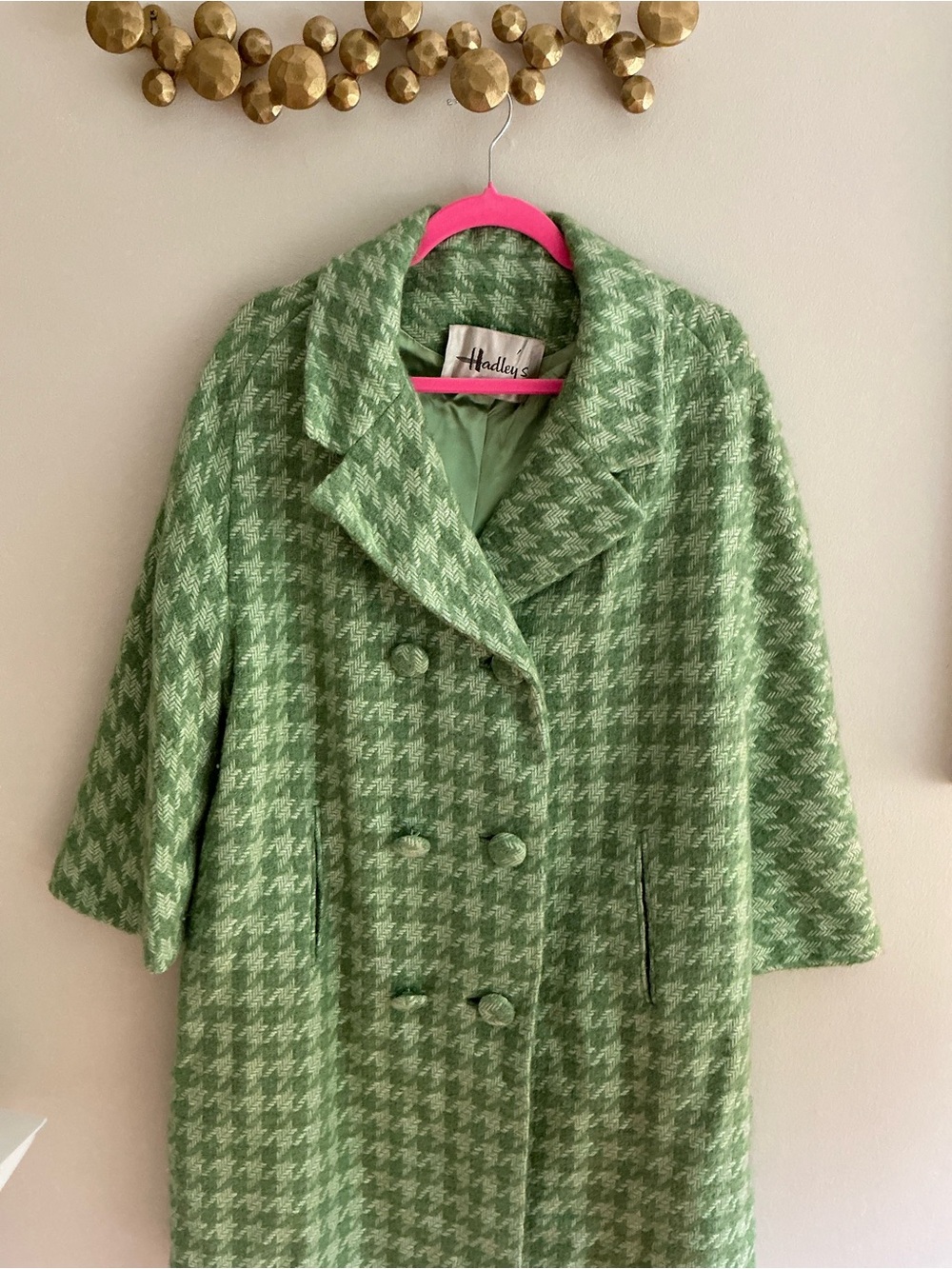 Vintage 1960’s Wool Green Houndstooth Double-Breasted Pea Coat